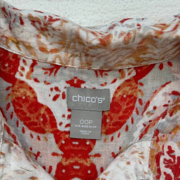 Chico’s 100% Linen Collared Tunic Top Floral Print 3/4 Sleeve Size 0/2P - Picture 4 of 7